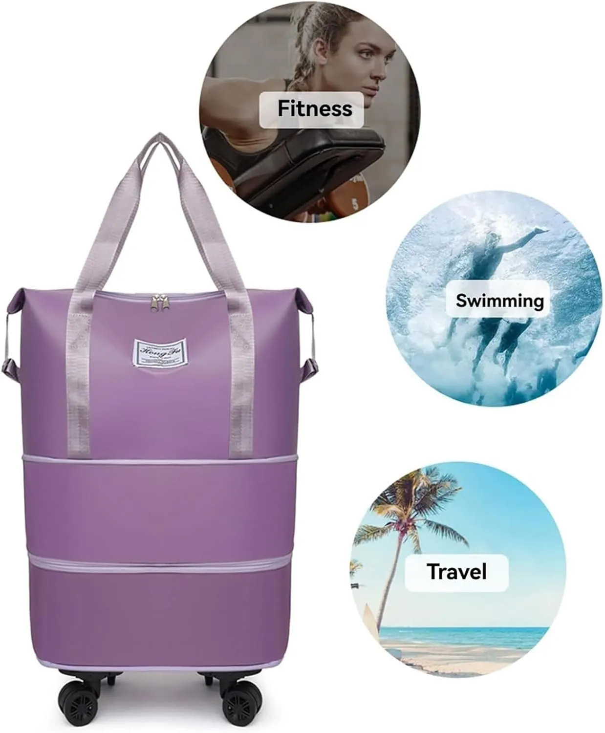 Travel Bag with Wheels - Expandable Foldie Wheeled Duffel 28-58L, Spinner Wheels, Waterproof - Perfect Carry On Luggage for Weekend Trips, Gym, Camping (Grey)