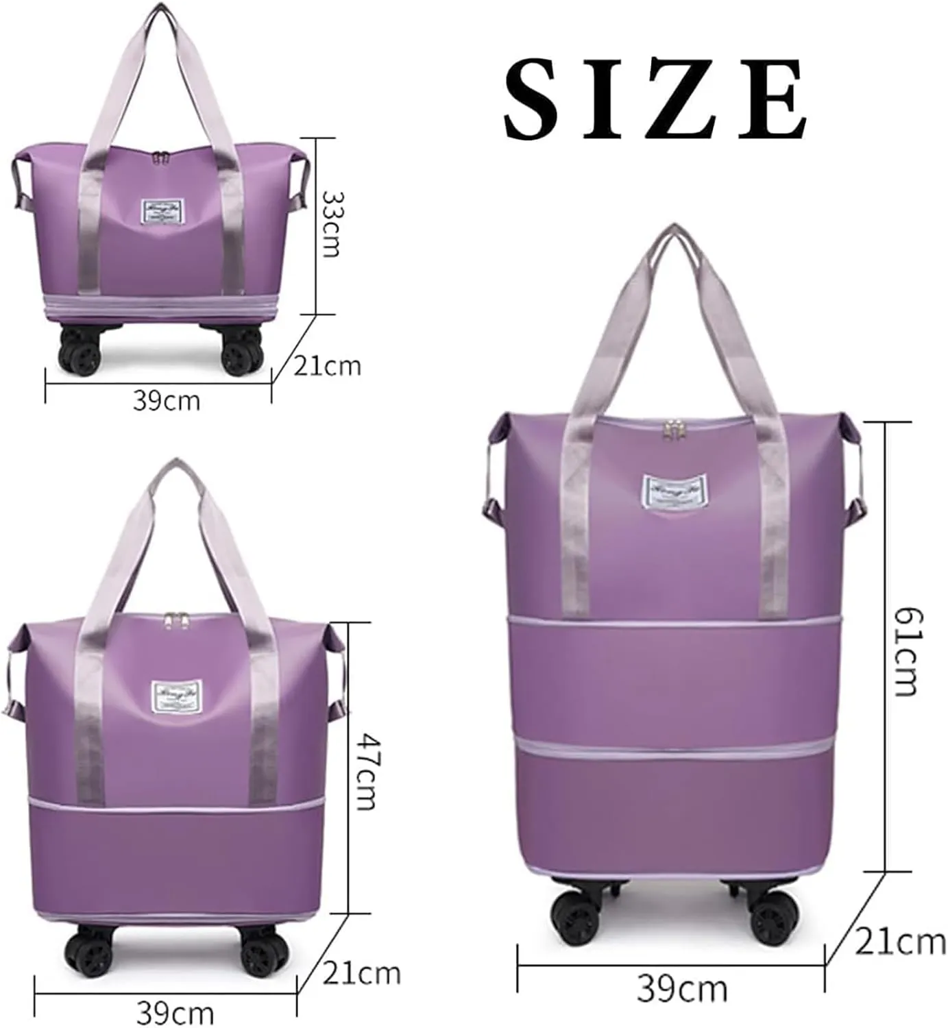 Travel Bag with Wheels - Expandable Foldie Wheeled Duffel 28-58L, Spinner Wheels, Waterproof - Perfect Carry On Luggage for Weekend Trips, Gym, Camping (Grey)
