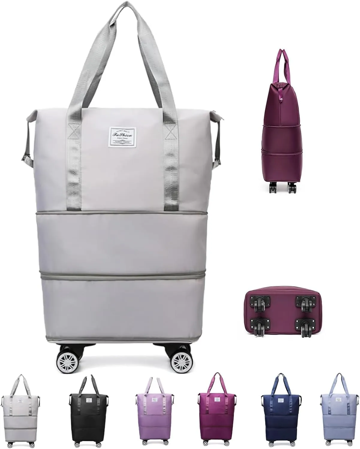 Travel Bag with Wheels - Expandable Foldie Wheeled Duffel 28-58L, Spinner Wheels, Waterproof - Perfect Carry On Luggage for Weekend Trips, Gym, Camping (Grey)