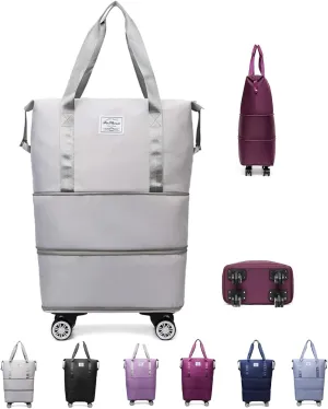 Travel Bag with Wheels - Expandable Foldie Wheeled Duffel 28-58L, Spinner Wheels, Waterproof - Perfect Carry On Luggage for Weekend Trips, Gym, Camping (Grey)