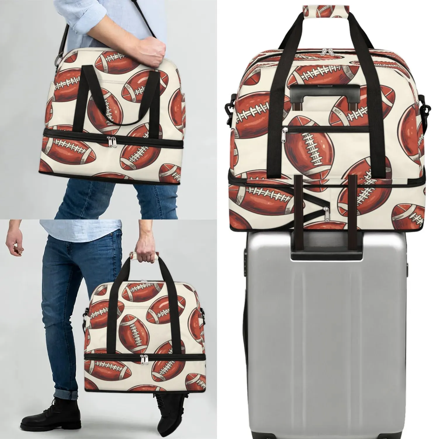 Travel Duffel Bag Cartoon Footballs Weekender Bag with Shoe Compartment Foldable Overnight Bags for Travel Sports Lightweight Gym Bags for Men Women
