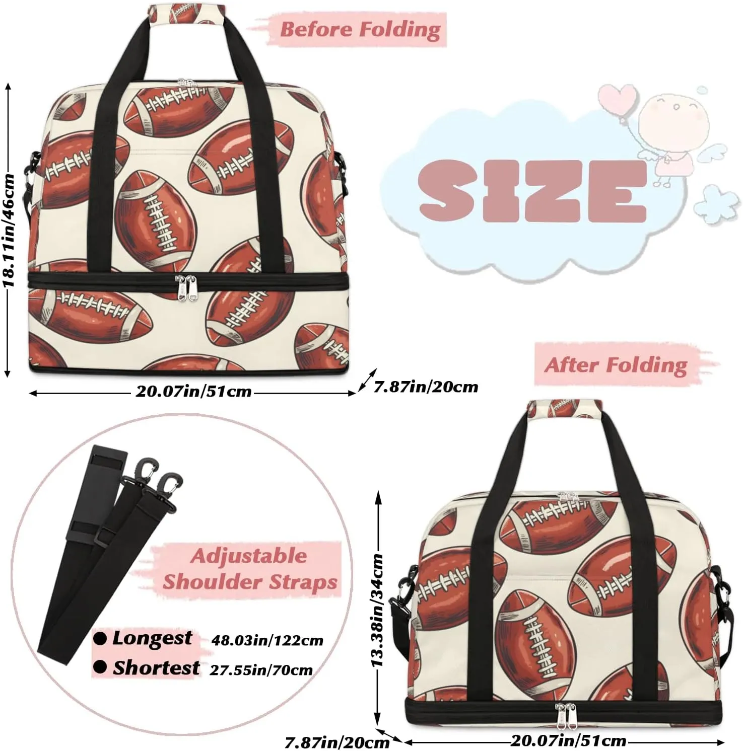 Travel Duffel Bag Cartoon Footballs Weekender Bag with Shoe Compartment Foldable Overnight Bags for Travel Sports Lightweight Gym Bags for Men Women