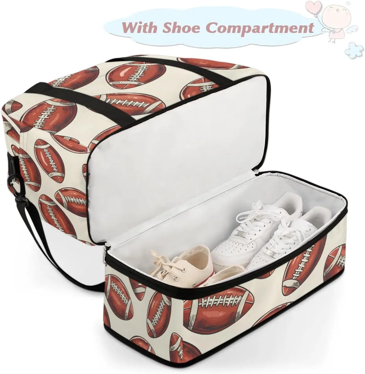 Travel Duffel Bag Cartoon Footballs Weekender Bag with Shoe Compartment Foldable Overnight Bags for Travel Sports Lightweight Gym Bags for Men Women