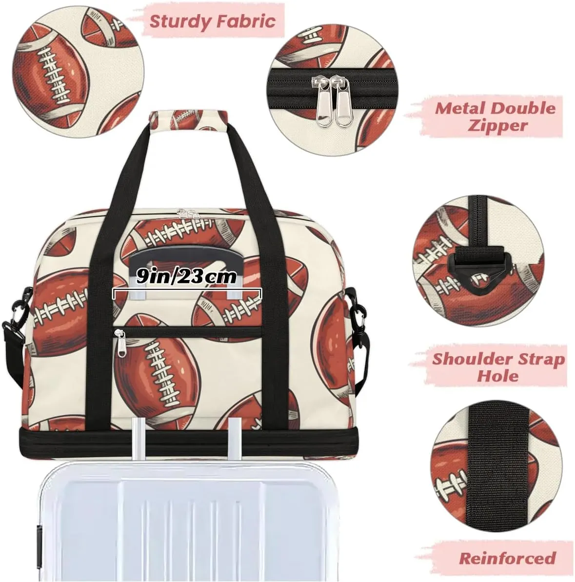 Travel Duffel Bag Cartoon Footballs Weekender Bag with Shoe Compartment Foldable Overnight Bags for Travel Sports Lightweight Gym Bags for Men Women