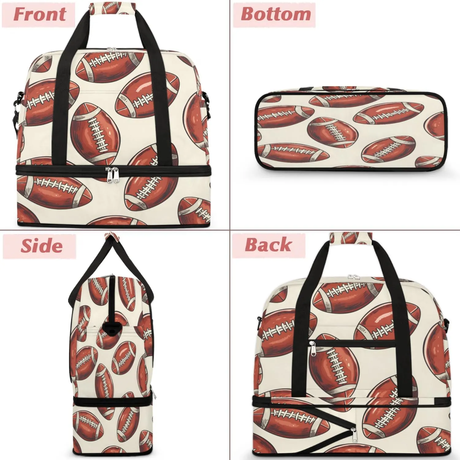 Travel Duffel Bag Cartoon Footballs Weekender Bag with Shoe Compartment Foldable Overnight Bags for Travel Sports Lightweight Gym Bags for Men Women