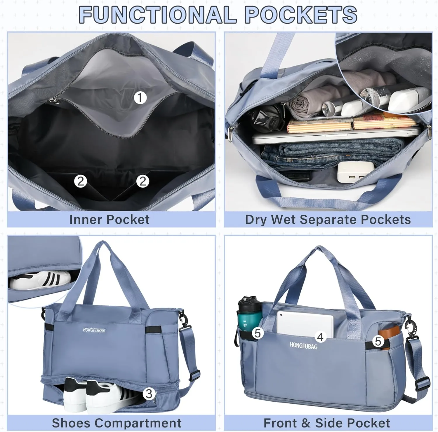 Travel Duffel Bag, Gym Bag for Women with Shoe Compartment, Expandable Weekender Bags for Women, Workout Overnight Carry on Duffle Bag for Travel, Blue