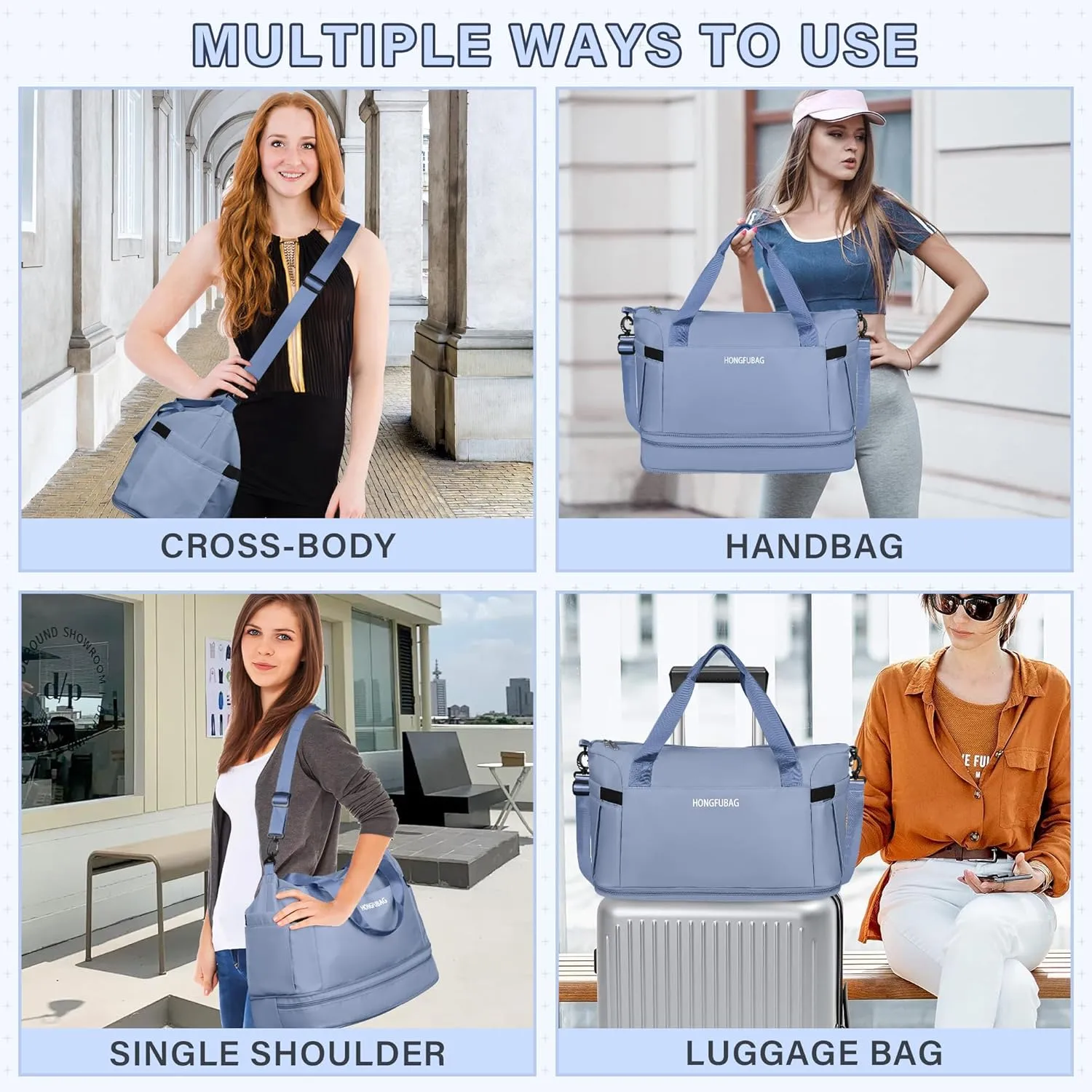 Travel Duffel Bag, Gym Bag for Women with Shoe Compartment, Expandable Weekender Bags for Women, Workout Overnight Carry on Duffle Bag for Travel, Blue