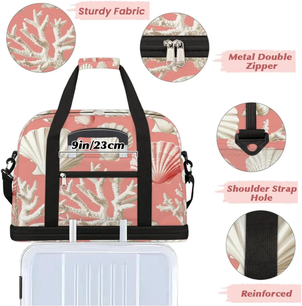 Travel Duffel Bag Seashell Coral Weekender Bag with Shoe Compartment Foldable Overnight Bags for Travel Sports Lightweight Gym Bags for Men Women