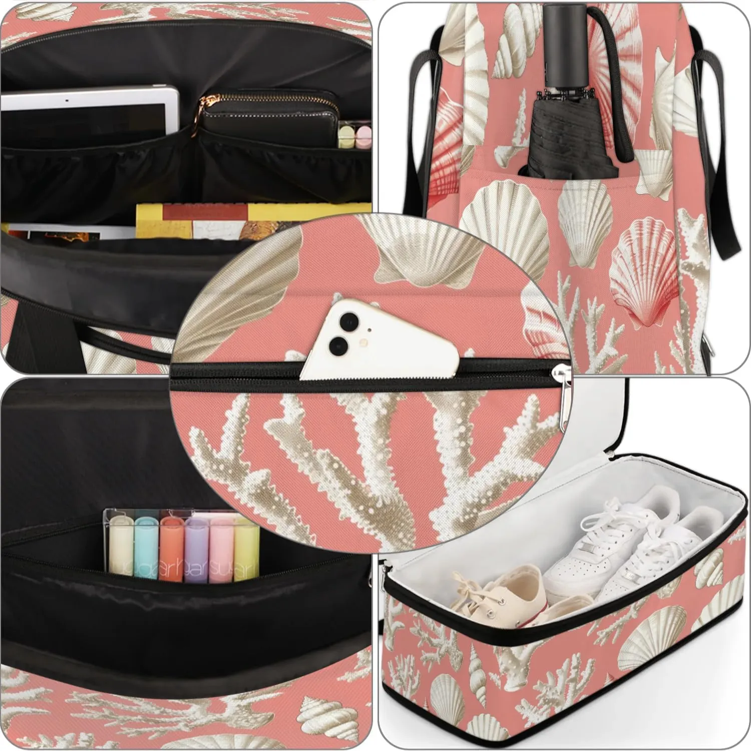 Travel Duffel Bag Seashell Coral Weekender Bag with Shoe Compartment Foldable Overnight Bags for Travel Sports Lightweight Gym Bags for Men Women