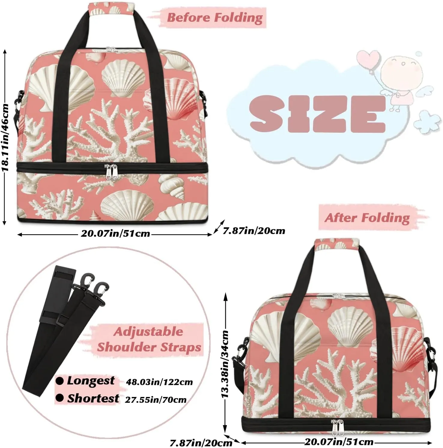 Travel Duffel Bag Seashell Coral Weekender Bag with Shoe Compartment Foldable Overnight Bags for Travel Sports Lightweight Gym Bags for Men Women