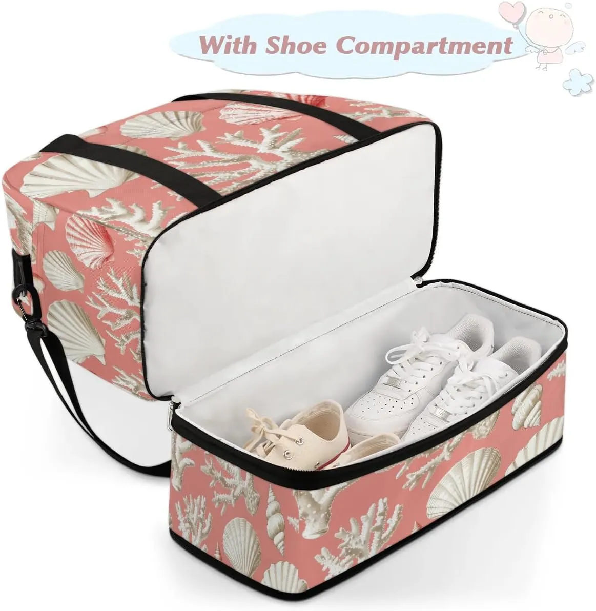 Travel Duffel Bag Seashell Coral Weekender Bag with Shoe Compartment Foldable Overnight Bags for Travel Sports Lightweight Gym Bags for Men Women