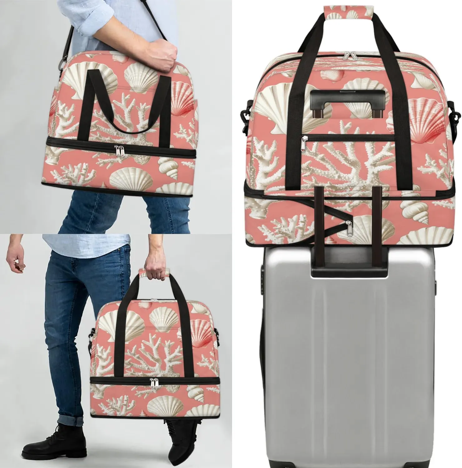Travel Duffel Bag Seashell Coral Weekender Bag with Shoe Compartment Foldable Overnight Bags for Travel Sports Lightweight Gym Bags for Men Women