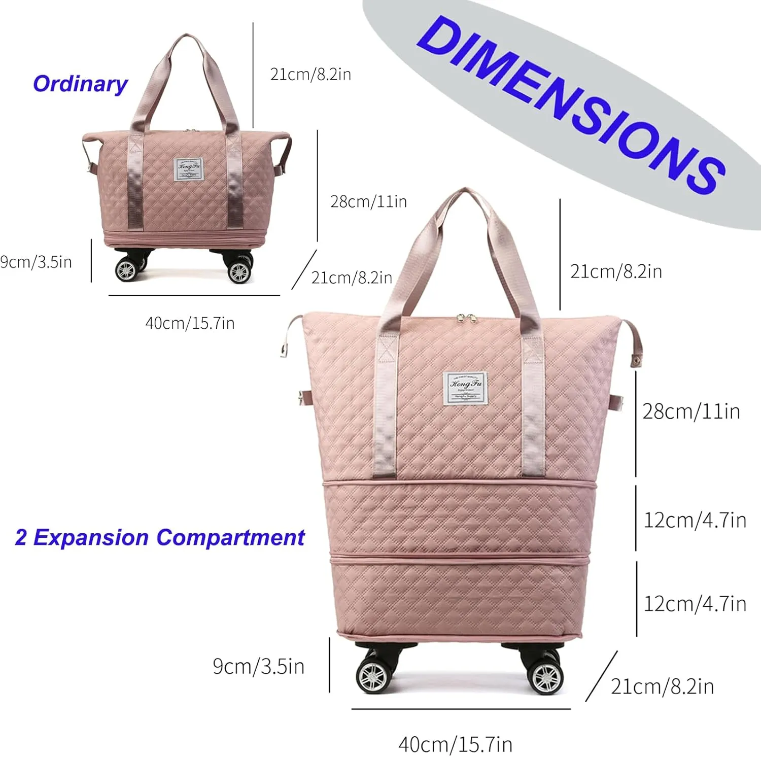 Travel Duffel Bag with Rolling Wheels Expandable Weekender Carry-On Tote Bags Foldable Handbag for Women 24L-44L