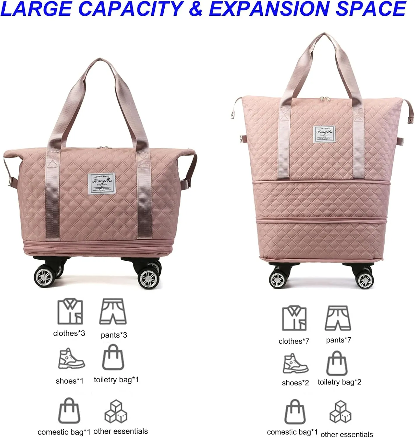 Travel Duffel Bag with Rolling Wheels Expandable Weekender Carry-On Tote Bags Foldable Handbag for Women 24L-44L