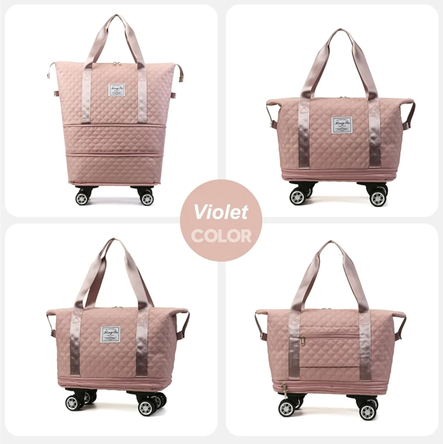 Travel Duffel Bag with Rolling Wheels Expandable Weekender Carry-On Tote Bags Foldable Handbag for Women 24L-44L