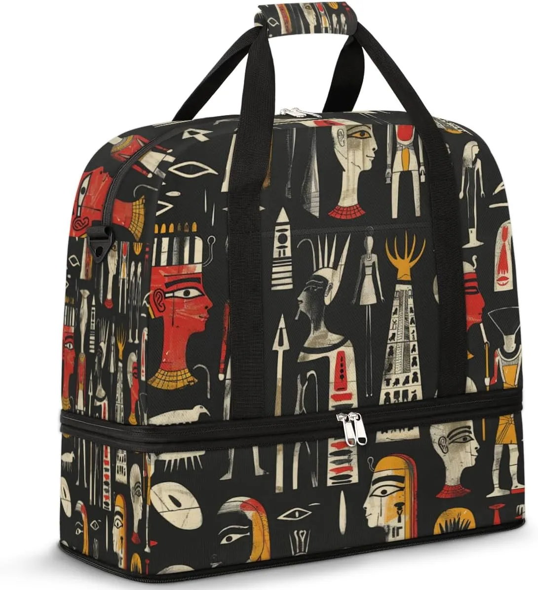 Travel Duffel Bag with Shoe Compartment, Funny Egyptian Pattern Shoulder Weekender Bags for Women, Foldable Waterproof Travel Bag Carry on Bag