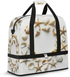 Travel Duffel Bag with Shoe Compartment, White Sea Shells Circular Shoulder Weekender Bags for Women, Foldable Waterproof Travel Bag Carry on Bag