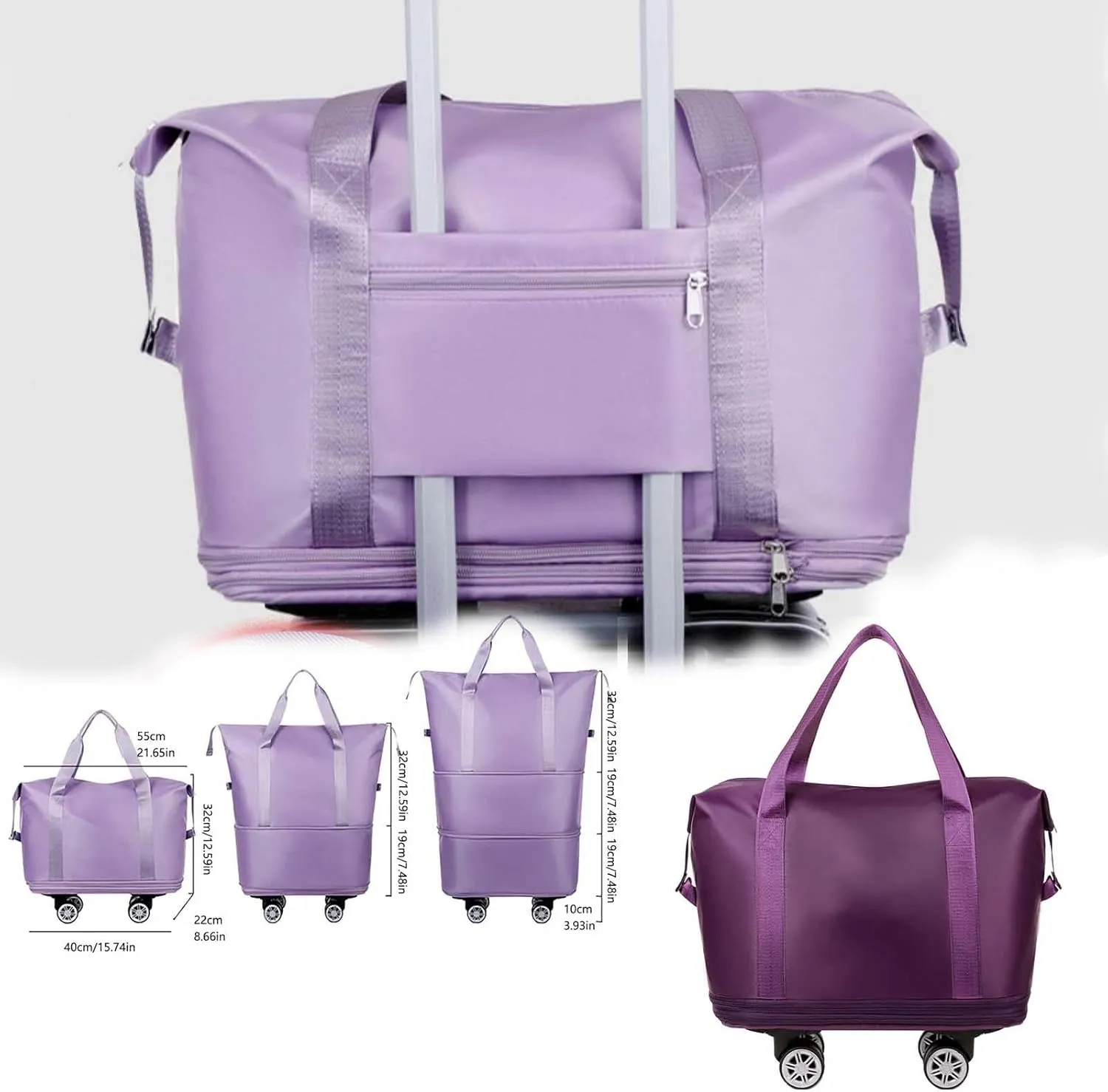 Travel Duffel Bag with Wheels, Expandable Foldable Rolling Luggage Bag with Detachable Wheels for Wome, Rolling Duffle Bag, Carry On, Large Weekend Bag Overnight Bag (Dark purple)