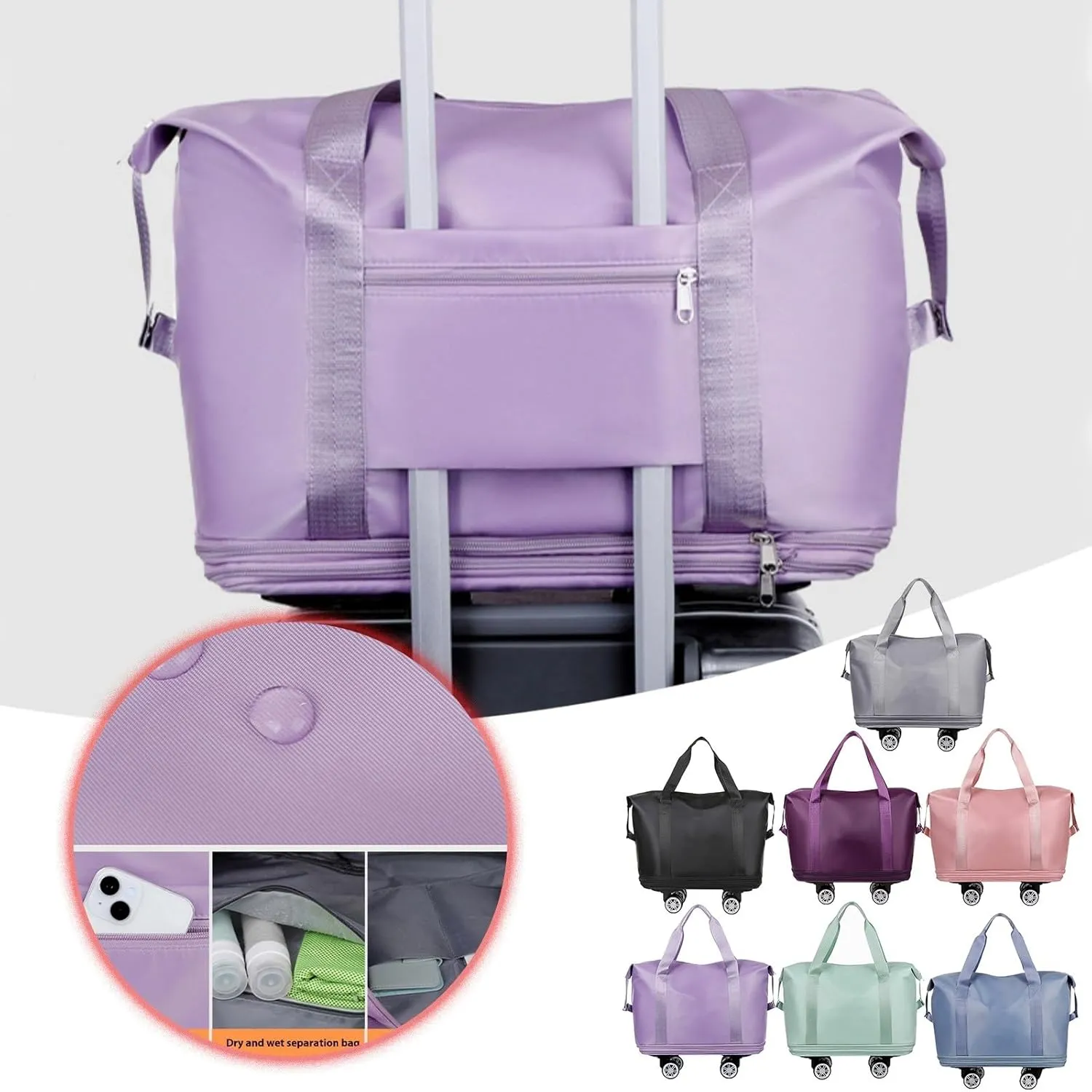 Travel Duffel Bag with Wheels, Expandable Foldable Rolling Luggage Bag with Detachable Wheels for Wome, Rolling Duffle Bag, Carry On, Large Weekend Bag Overnight Bag (Dark purple)