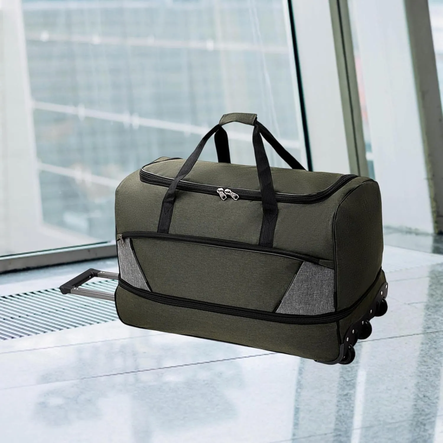 Travel Duffel Bag with Wheels Suit Dress Bag Carrying Case Telescopic Aluminum Handle for Gym Sport Water Resistant Versatile, Green L
