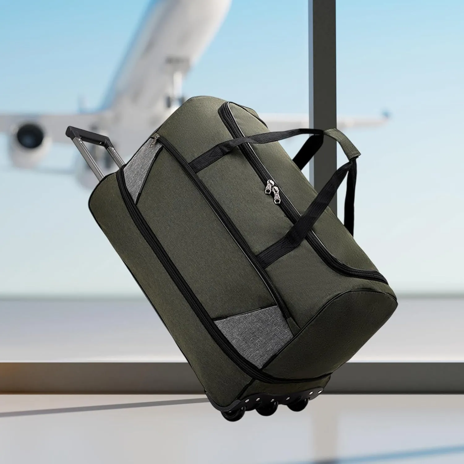Travel Duffel Bag with Wheels Suit Dress Bag Carrying Case Telescopic Aluminum Handle for Gym Sport Water Resistant Versatile, Green L