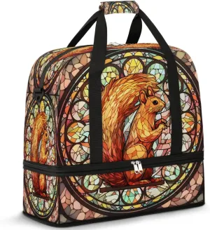 Travel Duffel Bags Glass Painting Squirrel Foldable Weekender Bags for Women with Shoes Compartment Waterproof & Tear Resistant Carry on Overnight Luggage Duffel Bag Shoulder Sports Tote Bag