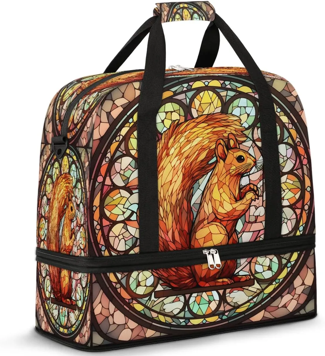 Travel Duffel Bags Glass Painting Squirrel Foldable Weekender Bags for Women with Shoes Compartment Waterproof & Tear Resistant Carry on Overnight Luggage Duffel Bag Shoulder Sports Tote Bag