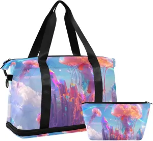 Travel Duffel Gym Sports Luggage Bag Expandable Large Capacity Jellyfish Rainbow Sports Bag for Women and Men