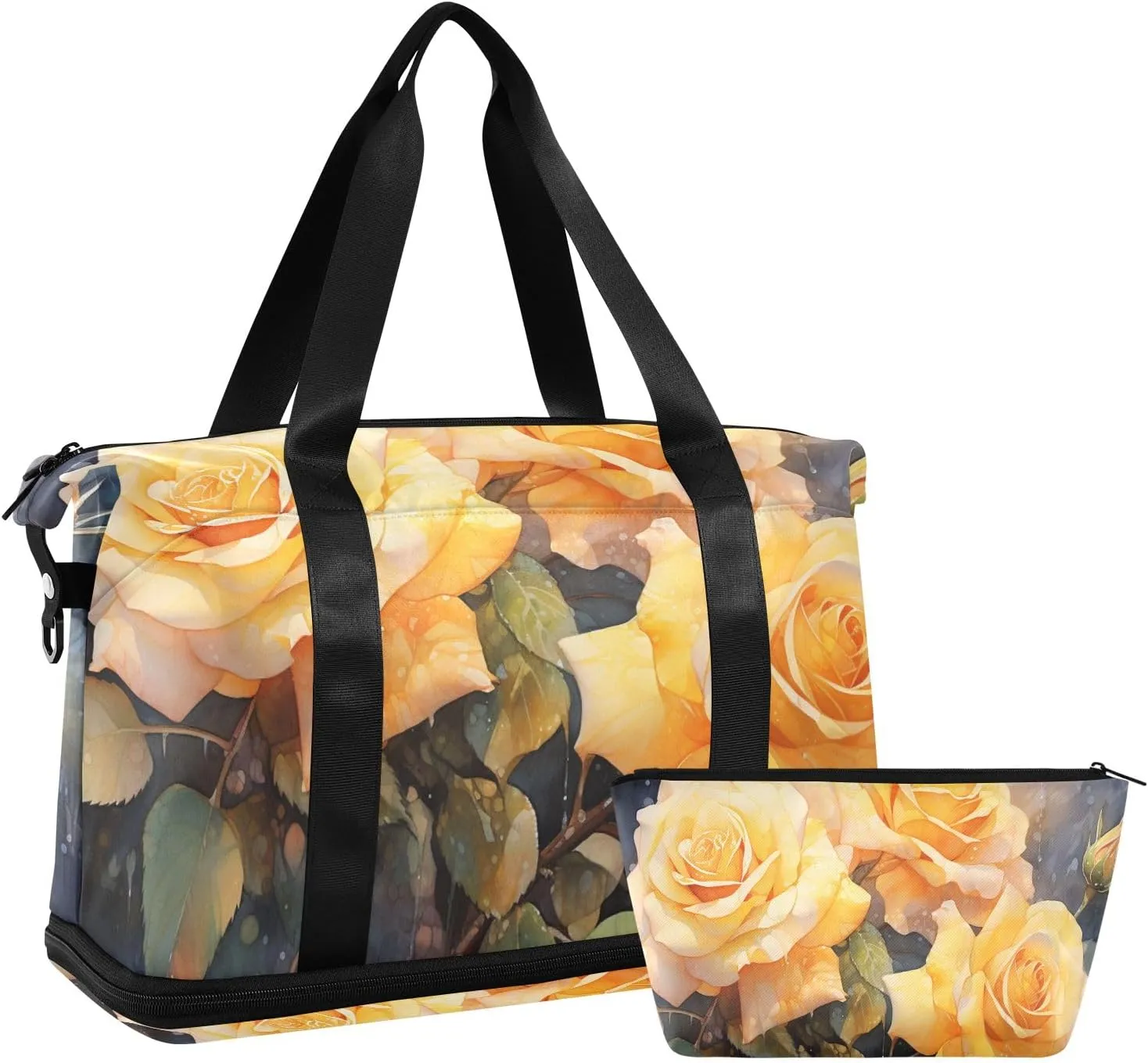 Travel Duffel Gym Sports Luggage Bag Expandable Large Capacity Yellow Roses Painting Sports Bag for Women and Men