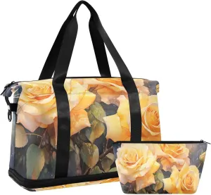 Travel Duffel Gym Sports Luggage Bag Expandable Large Capacity Yellow Roses Painting Sports Bag for Women and Men