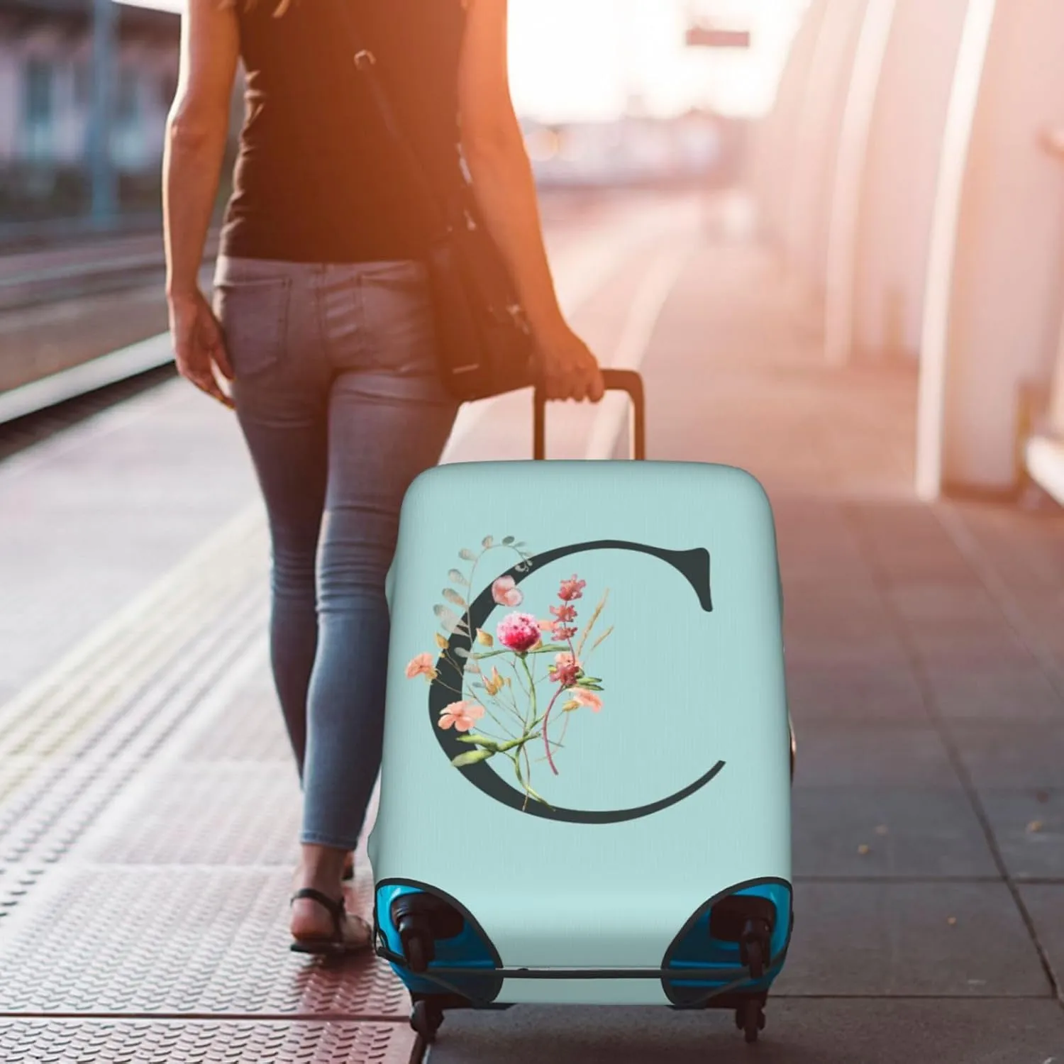 Travel Luggage Cover Elastic Blue Suitcase Protector Bag,Black Letter C Boho Floral Flowers Leaves Anti-Scratch Washable Baggage Covers For Wheeled Suitcase Kid Adult,M (For 22-24 Inch Luggage)