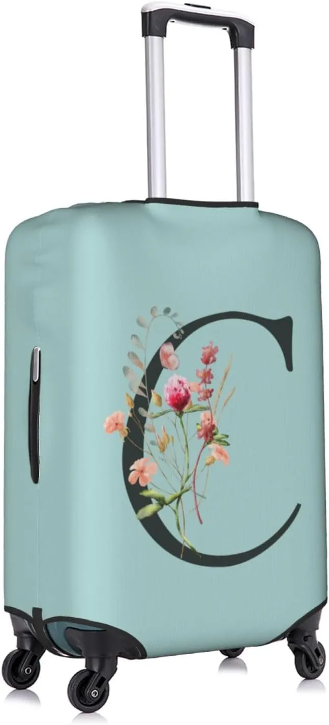Travel Luggage Cover Elastic Blue Suitcase Protector Bag,Black Letter C Boho Floral Flowers Leaves Anti-Scratch Washable Baggage Covers For Wheeled Suitcase Kid Adult,M (For 22-24 Inch Luggage)