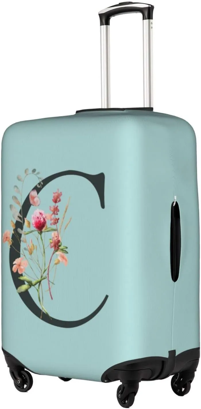 Travel Luggage Cover Elastic Blue Suitcase Protector Bag,Black Letter C Boho Floral Flowers Leaves Anti-Scratch Washable Baggage Covers For Wheeled Suitcase Kid Adult,M (For 22-24 Inch Luggage)