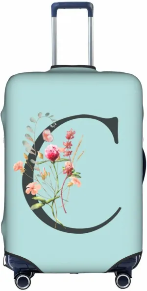 Travel Luggage Cover Elastic Blue Suitcase Protector Bag,Black Letter C Boho Floral Flowers Leaves Anti-Scratch Washable Baggage Covers For Wheeled Suitcase Kid Adult,M (For 22-24 Inch Luggage)