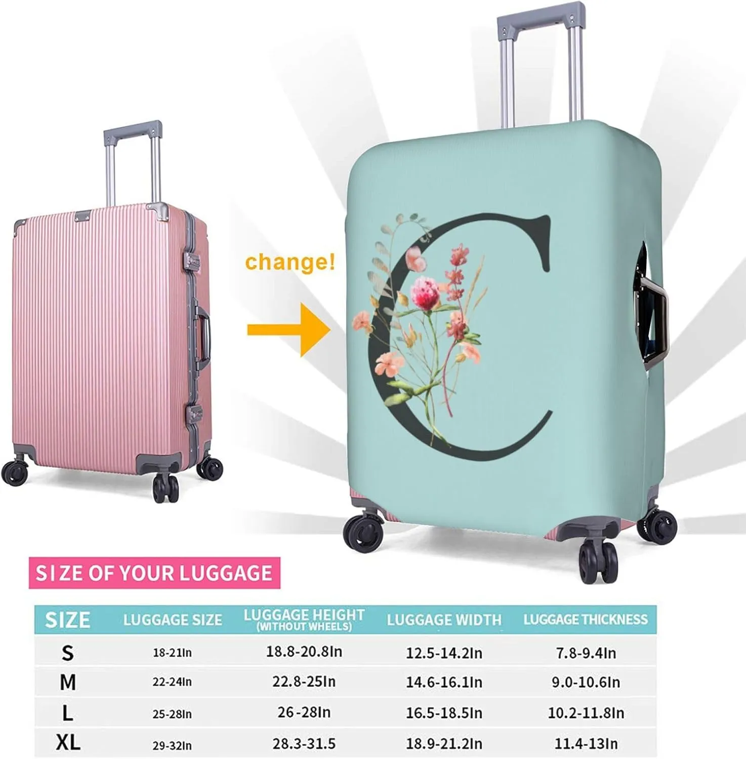 Travel Luggage Cover Elastic Blue Suitcase Protector Bag,Black Letter C Boho Floral Flowers Leaves Anti-Scratch Washable Baggage Covers For Wheeled Suitcase Kid Adult,M (For 22-24 Inch Luggage)