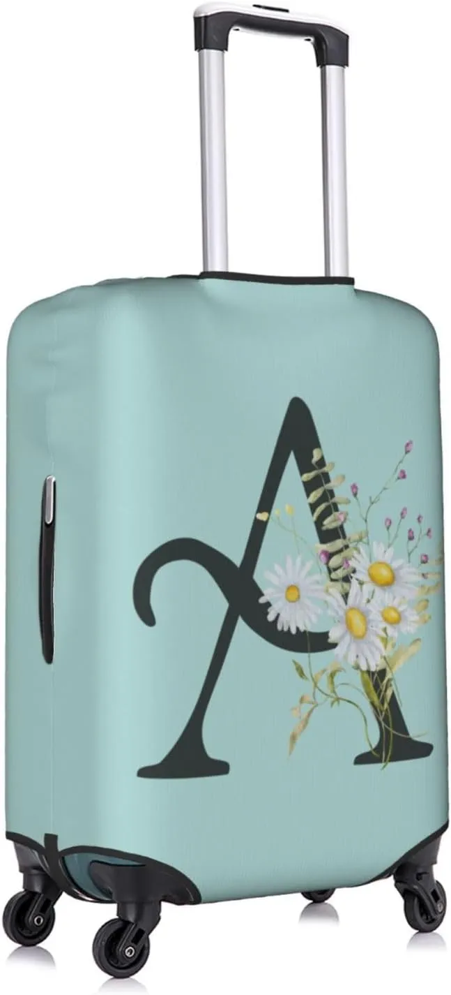 Travel Luggage Cover Spandex Blue Suitcase Protector Bag,Black Letter A Boho Floral Daisy Flowers Leaves Anti-Scratch Washable Baggage Covers For Wheeled Suitcase Kid Adult,S (For 18-21 Inch Luggage)
