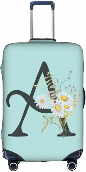 Travel Luggage Cover Spandex Blue Suitcase Protector Bag,Black Letter A Boho Floral Daisy Flowers Leaves Anti-Scratch Washable Baggage Covers For Wheeled Suitcase Kid Adult,S (For 18-21 Inch Luggage)
