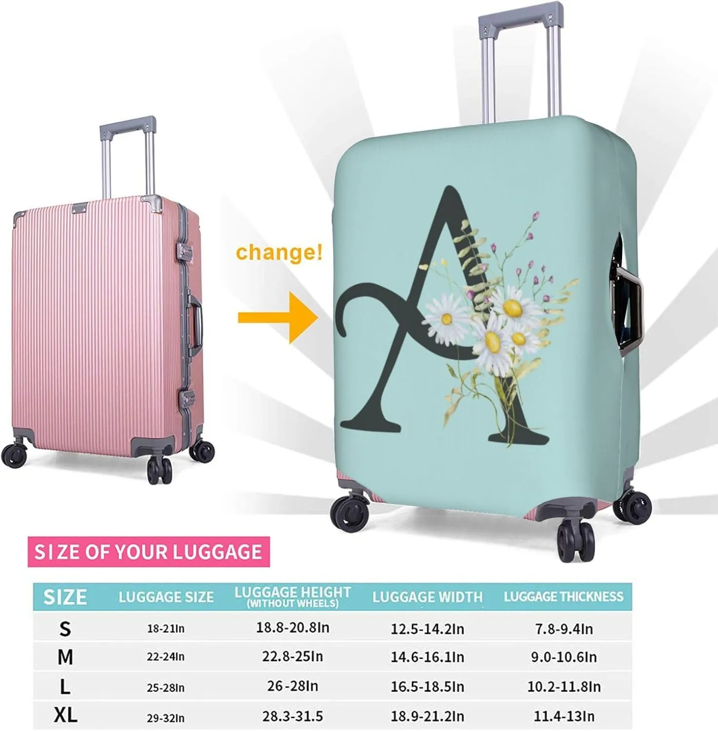 Travel Luggage Cover Spandex Blue Suitcase Protector Bag,Black Letter A Boho Floral Daisy Flowers Leaves Anti-Scratch Washable Baggage Covers For Wheeled Suitcase Kid Adult,S (For 18-21 Inch Luggage)