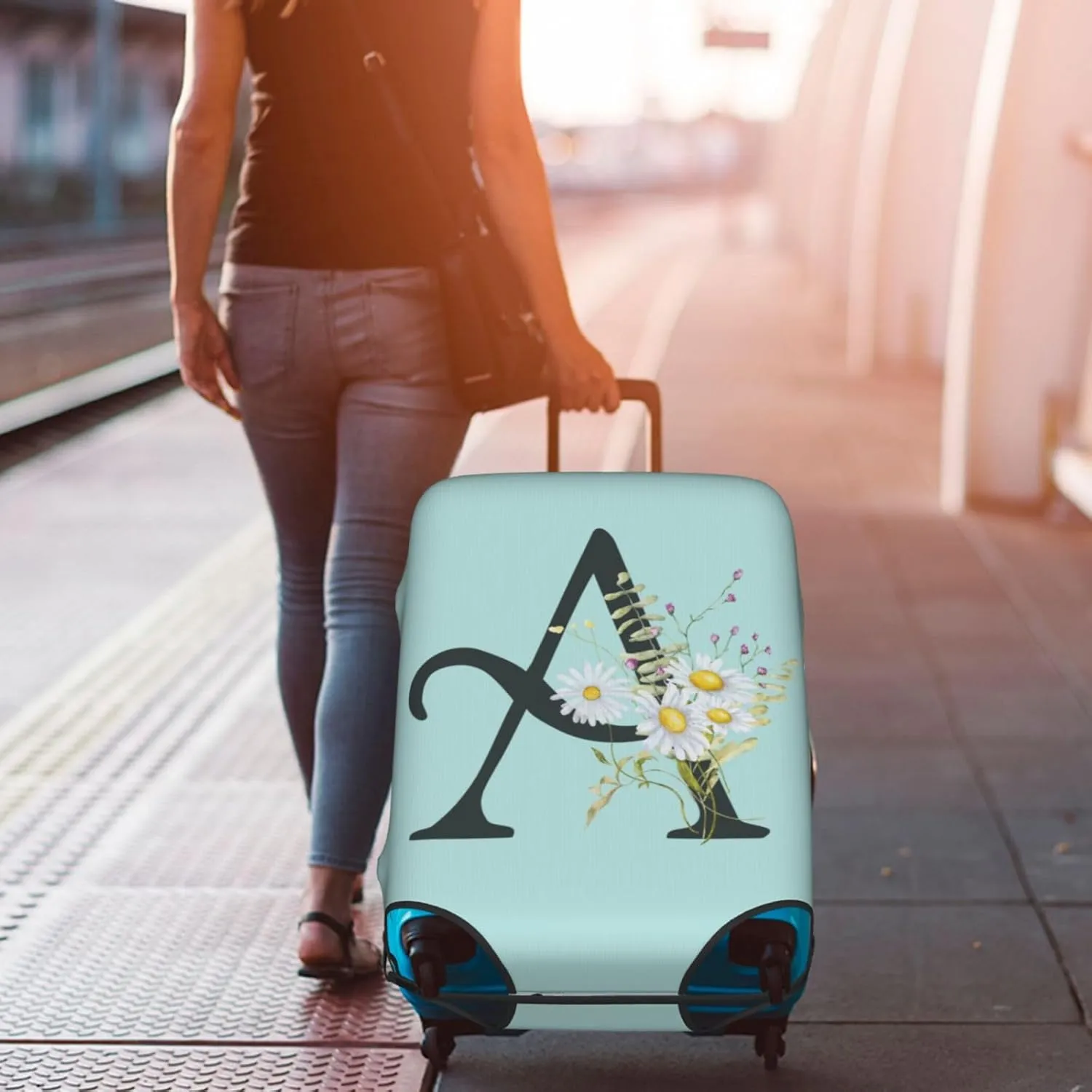 Travel Luggage Cover Spandex Blue Suitcase Protector Bag,Black Letter A Boho Floral Daisy Flowers Leaves Anti-Scratch Washable Baggage Covers For Wheeled Suitcase Kid Adult,S (For 18-21 Inch Luggage)