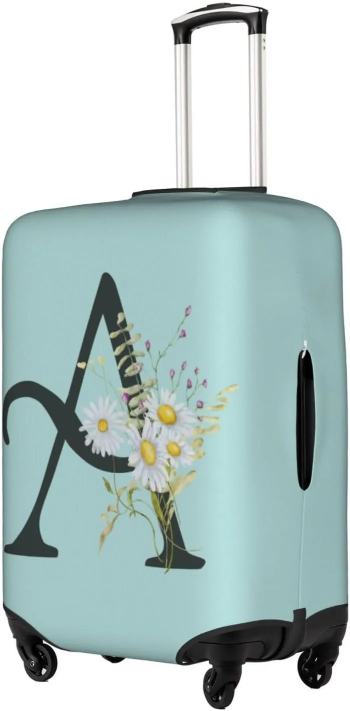 Travel Luggage Cover Spandex Blue Suitcase Protector Bag,Black Letter A Boho Floral Daisy Flowers Leaves Anti-Scratch Washable Baggage Covers For Wheeled Suitcase Kid Adult,S (For 18-21 Inch Luggage)
