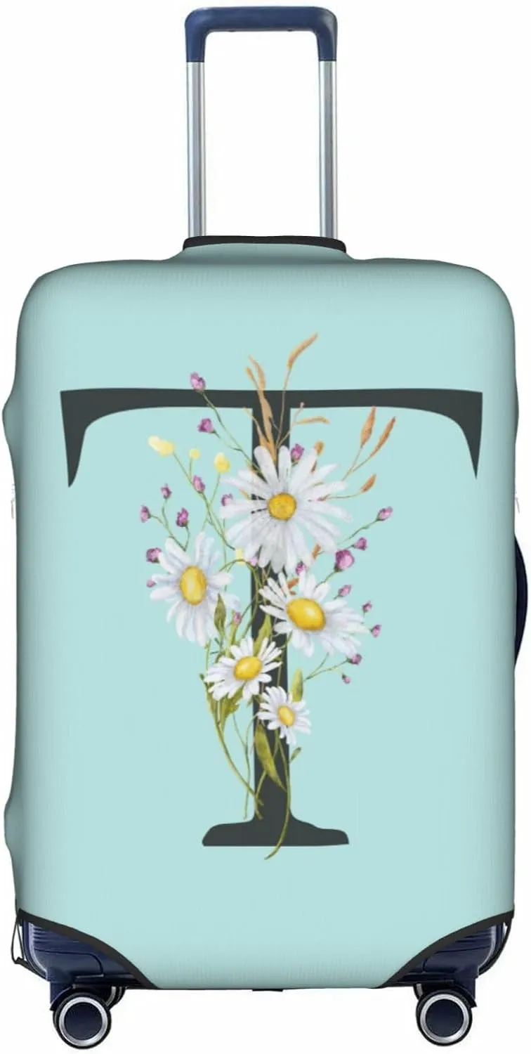 Travel Luggage Cover Spandex Blue Suitcase Protector Bag,Black Letter T Boho Floral Flowers Leaves Dust-Proof Washable Baggage Covers For Wheeled Suitcase Kid Adult,S (For 18-21 Inch Luggage)