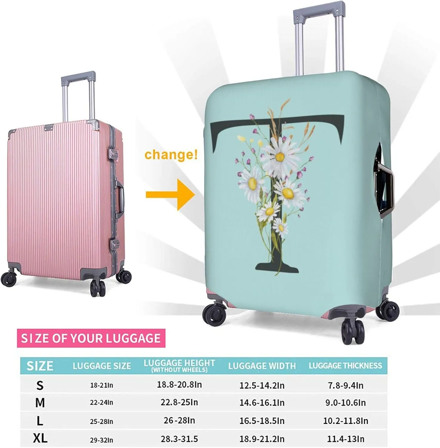Travel Luggage Cover Spandex Blue Suitcase Protector Bag,Black Letter T Boho Floral Flowers Leaves Dust-Proof Washable Baggage Covers For Wheeled Suitcase Kid Adult,S (For 18-21 Inch Luggage)