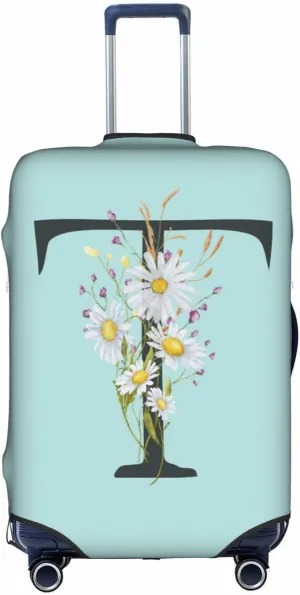 Travel Luggage Cover Spandex Blue Suitcase Protector Bag,Black Letter T Boho Floral Flowers Leaves Dust-Proof Washable Baggage Covers For Wheeled Suitcase Kid Adult,S (For 18-21 Inch Luggage)