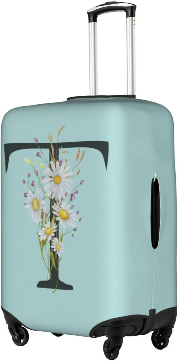Travel Luggage Cover Spandex Blue Suitcase Protector Bag,Black Letter T Boho Floral Flowers Leaves Dust-Proof Washable Baggage Covers For Wheeled Suitcase Kid Adult,S (For 18-21 Inch Luggage)