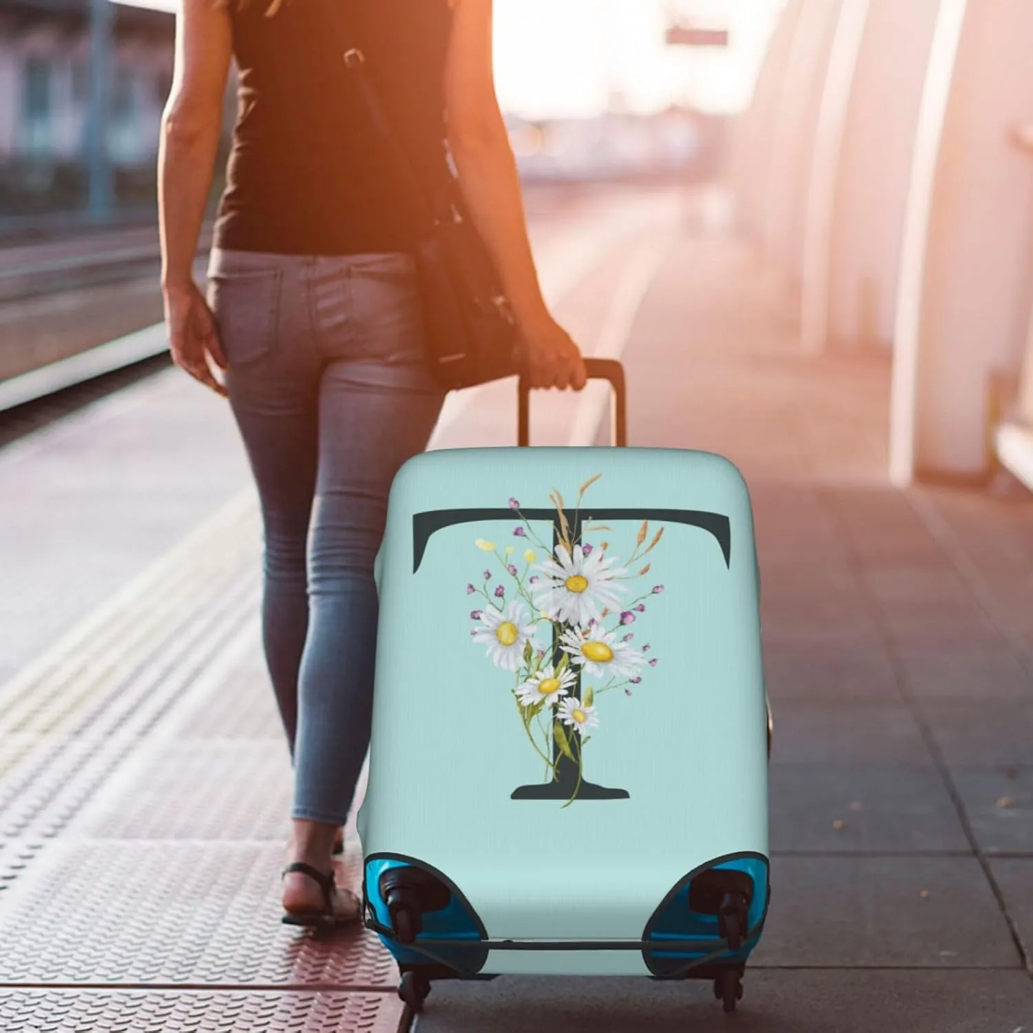 Travel Luggage Cover Spandex Blue Suitcase Protector Bag,Black Letter T Boho Floral Flowers Leaves Dust-Proof Washable Baggage Covers For Wheeled Suitcase Kid Adult,S (For 18-21 Inch Luggage)