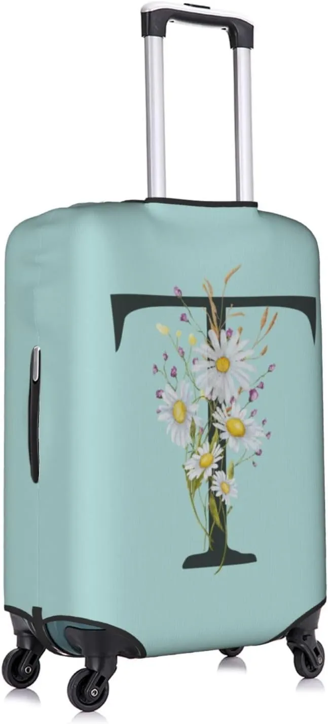 Travel Luggage Cover Spandex Blue Suitcase Protector Bag,Black Letter T Boho Floral Flowers Leaves Dust-Proof Washable Baggage Covers For Wheeled Suitcase Kid Adult,S (For 18-21 Inch Luggage)
