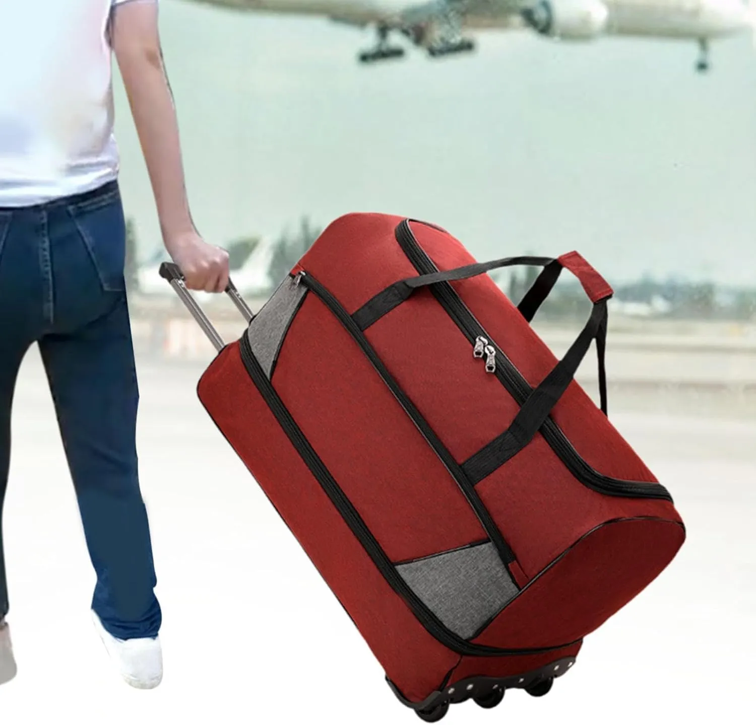 Travel Trolley Duffel Bag with Wheels for Men And Women, Red, S