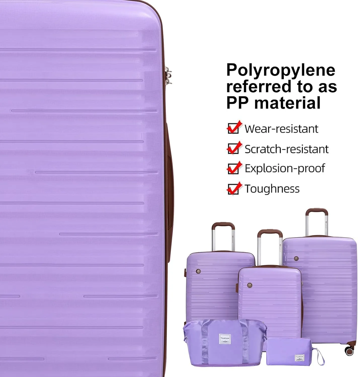 Travelhouse Luggage Sets 5 Piece,PP Hardshell Carry on Suitcase Set,Travel Suitcases with Double Spinner Wheels and TSA Lock (PURPLE)