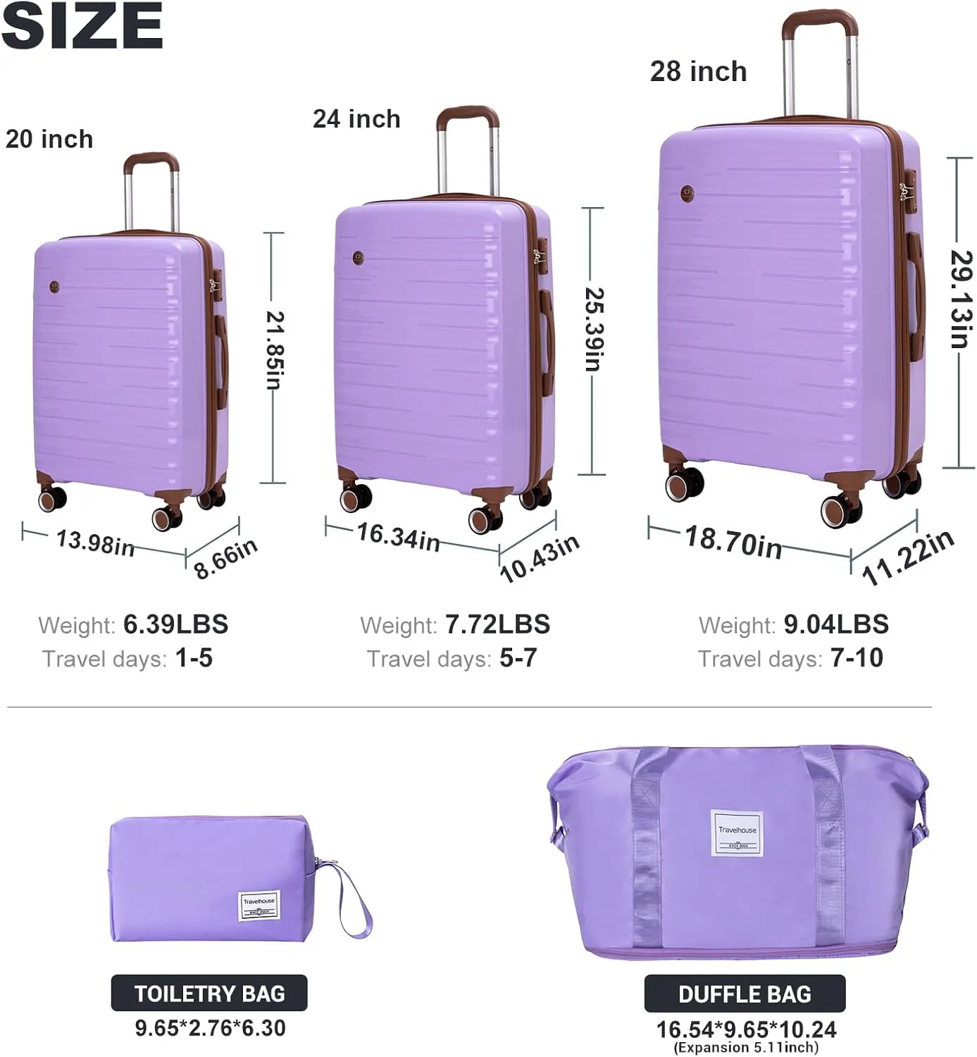 Travelhouse Luggage Sets 5 Piece,PP Hardshell Carry on Suitcase Set,Travel Suitcases with Double Spinner Wheels and TSA Lock (PURPLE)
