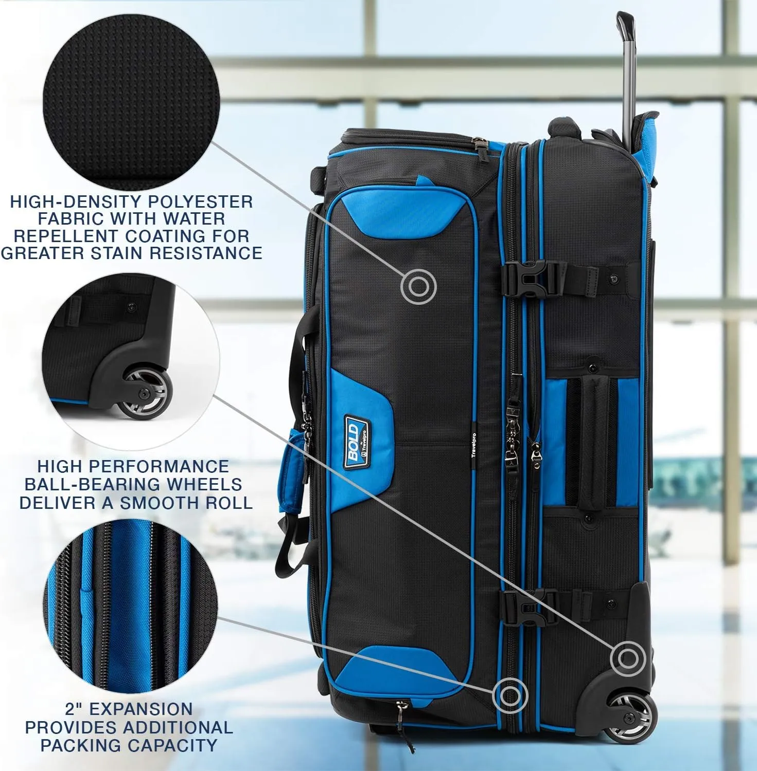 Travelpro Bold Drop Bottom Wheeled Rolling Duffel Bag, Blue/Black, 30-Inch